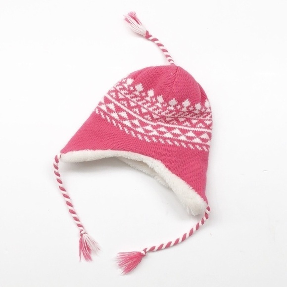 Pink/white little girls fleece lined winter skull cap - Picture 3 of 4